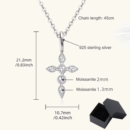D Color Round Moissanite Cross Pendant Necklace 925 Sterling Silver Chain GRA - Picture 11 of 17