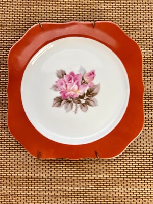 RARE Set of 2 Vintage Square Red Noritake Plates with Pink Roses 8  Hand Painted