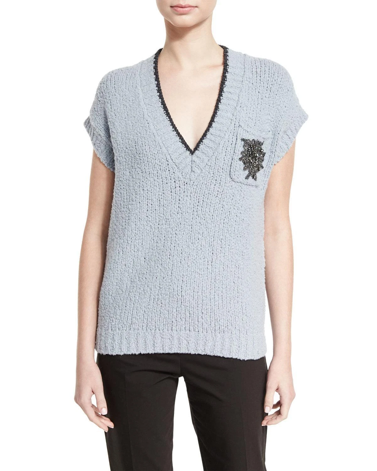 Brunello Cucinelli — NEW $1325 Brunello Cucinelli Cap Sleeve V-Neck Sweater Pullover Light Blue L