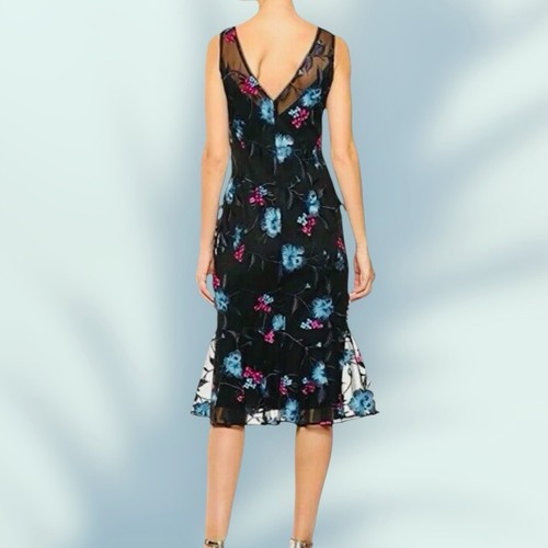 Calvin Klein Floral Lace Overlay Flounce Midi Sheath Dress Women’s 10 Black - 第 3/14 張圖片