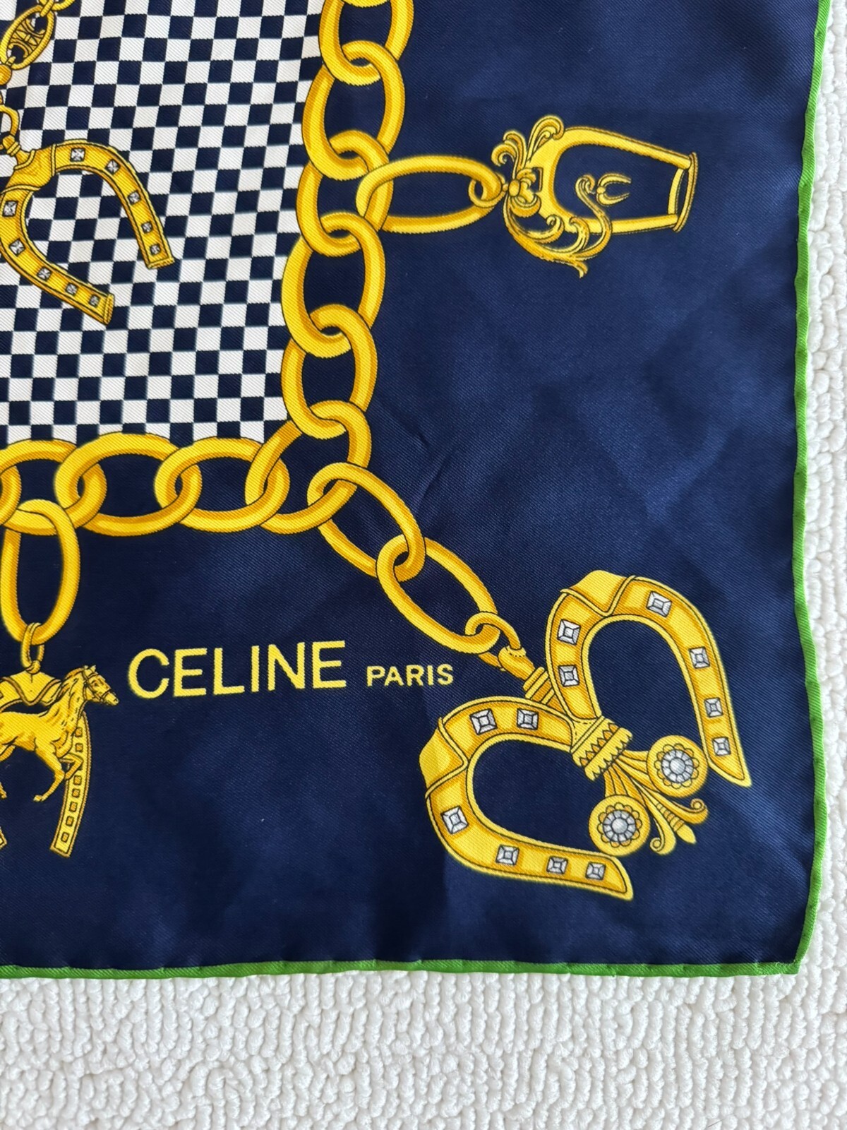 Céline Unisex Blue Gold 100percent Silk Print Square Scarf Pre Owned image 2