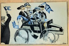 Vtg 1900s 1910s Yale Bulldogs Watercolor Painting Automobile Program Football