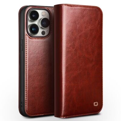 QIALINO Custodia per iPhone 12 Mini, Custodia sottile per carte di credito in vera pelle con staffa di protezione angolare, custodia per iPhone 12 Mini, marrone, 5.4 pollici