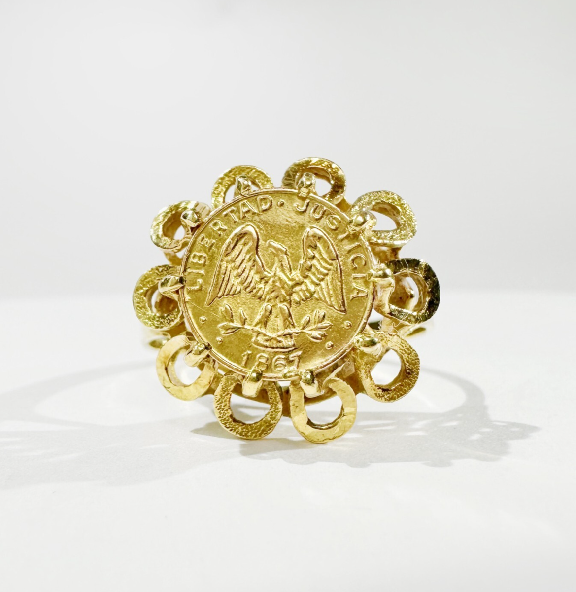 Vintage 18k gold Gold cuarto de peso ring, Antique gold mexican coin ring