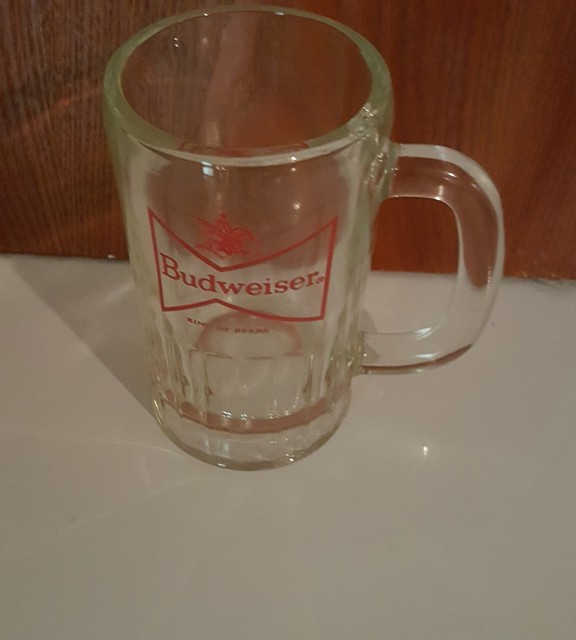 Vintage Budweiser Beer Glass Mug Red & White Bowtie Logo King of Beers