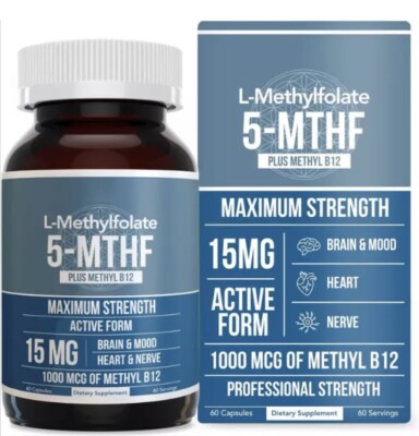 Methyl Folate 15mg plus Methyl B12 Cofactor Bioactive Vitamin B9 (60 Capsules)