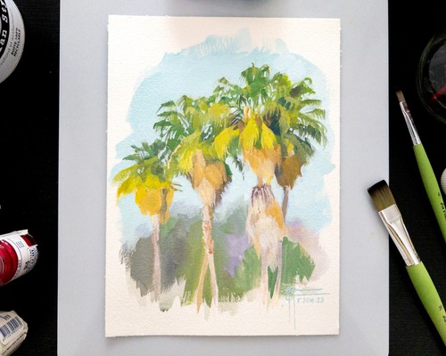 Original Palms Trees Still Life Gouache Painting, Colorful Nature Landscape Art - Picture 3 of 13