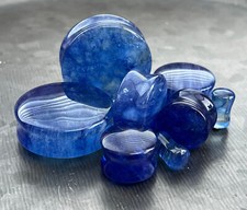 PAIR Vibrant Capri Blue Style Glass Double Flare Plugs Tunnel Gauge Body Jewelry