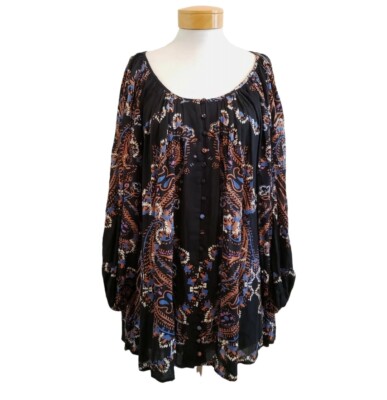 Free People Oversized Paisley Peasant Button Down Scoop Neck Tunic w/Pockets XS