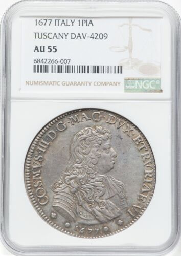 ITALY TUSCANY/FLORENCE COSIMO III 1677 PIASTRE SILVER COIN NGC CERTIFIED AU55
