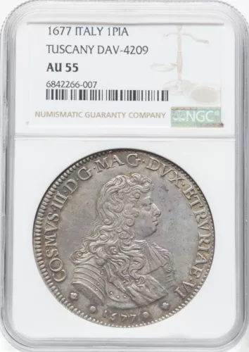 ITALY TUSCANY/FLORENCE COSIMO III  1677 PIASTRE SILVER COIN NGC CERTIFIED AU55