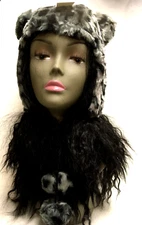 Faux Fur Animal Print Gray Capelli New York Hat W/Pom Tassels Ear Flaps NWT