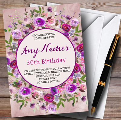 Rosa & Lila Aquarell Blumen 30. Personalisiert Geburtstag Party Einladungen