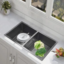 31''x18'' Double Bowl Composite Drop-in Kitchen Sink 2 Bowl Set Stainless Steel