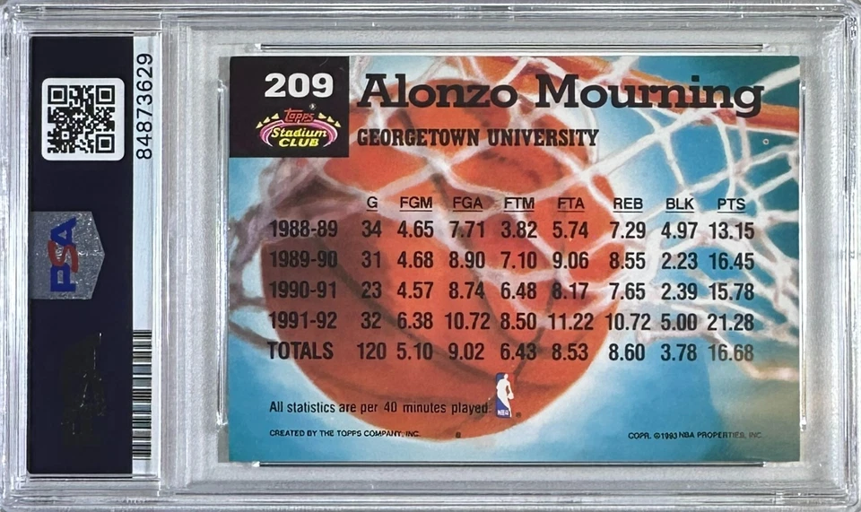 Tarjeta Topps Alonzo Mourning firmada automáticamente 1993 #209 Charlotte Hornets PSA Encap Foto 2 de 3