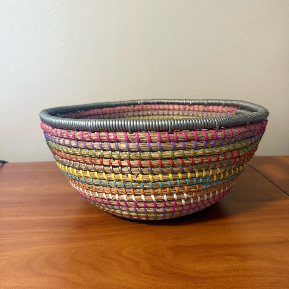 Pier 1 Natura Rainbow Shelf Basket Round Woven Colorful Storage Organization 13" - Image 3 of 4