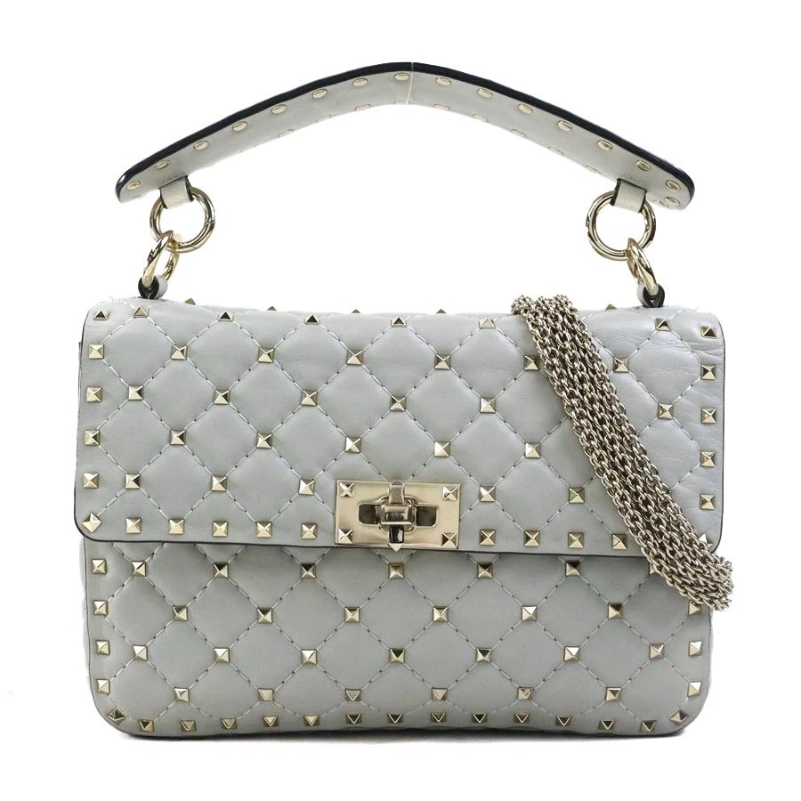 Valentino — Auth Valentino Garavani Rockstud Handbag Shoulder Bag Light Gray/Gold - e61152g