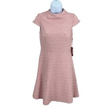 Vince Camuto Dress Womens 2 Pink Tweed Metallic Mock Neck Fit Flare Coquette