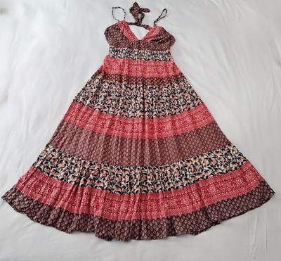 Angie Fit & Flare Sleeveless dress Women's L Red Multicolor open back boho