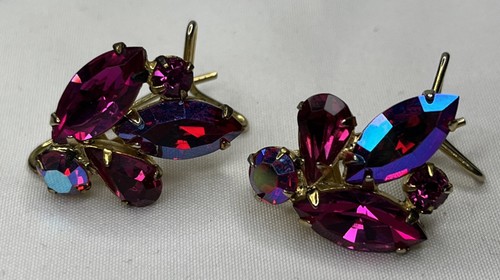 Vintage Judith McCann~Wing Back Earrings~ Beautiful Pink/Blue Rhinestones