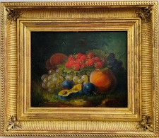 Antique Oil Painting by George Forster (American, 1817–1896) Still Life of Fruit