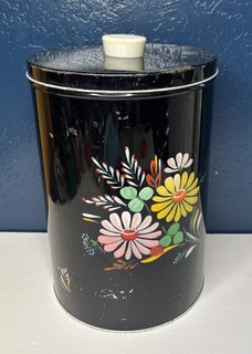 Vintage Ransburg Canister Trash Can metal hand painted flowers black tin