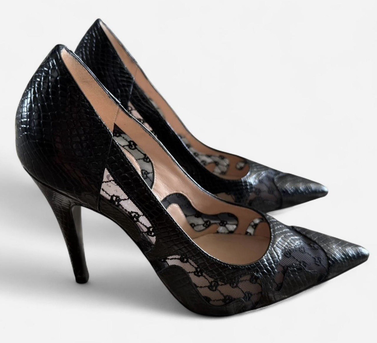 GUCCI Black Lace & Python-Embossed Leather Pointe… - image 2