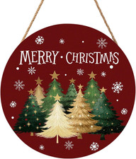 Xmas Tree Red Door Sign for Front Door Decor,Winter Snowflake Wooden Sign 12"X 1