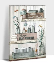 Farmhouse Bathroom Wall Decor - Bathroom Rules Wall Art, Dragonfly Canvas Pri...