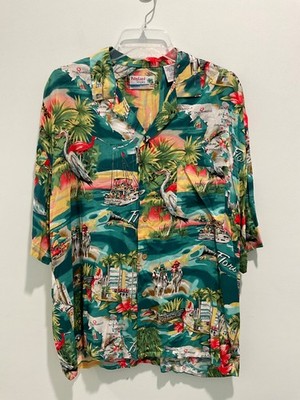Vtg Palm Land Tropics Mens Hawaiian Shirt montage Florida map Size L Rayon