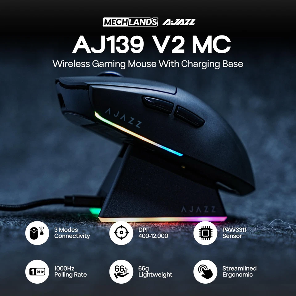 AJAZZ AJ139 V2 MC Gaming Mouse with Charging Base, Adjustable 12,000 DPI, PAW... - Image 2 of 4