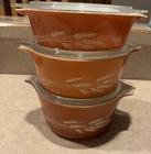 Vintage Set of 3 Pyrex Autumn Harvest Wheat Casserole Bowls 471-B, 472-B, 473-B