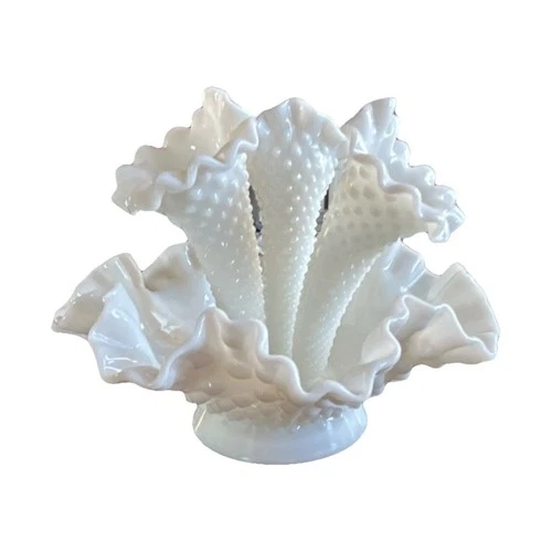 Fenton White Milk Glass Hobnail Ruffled Glossy Decorative Vase
