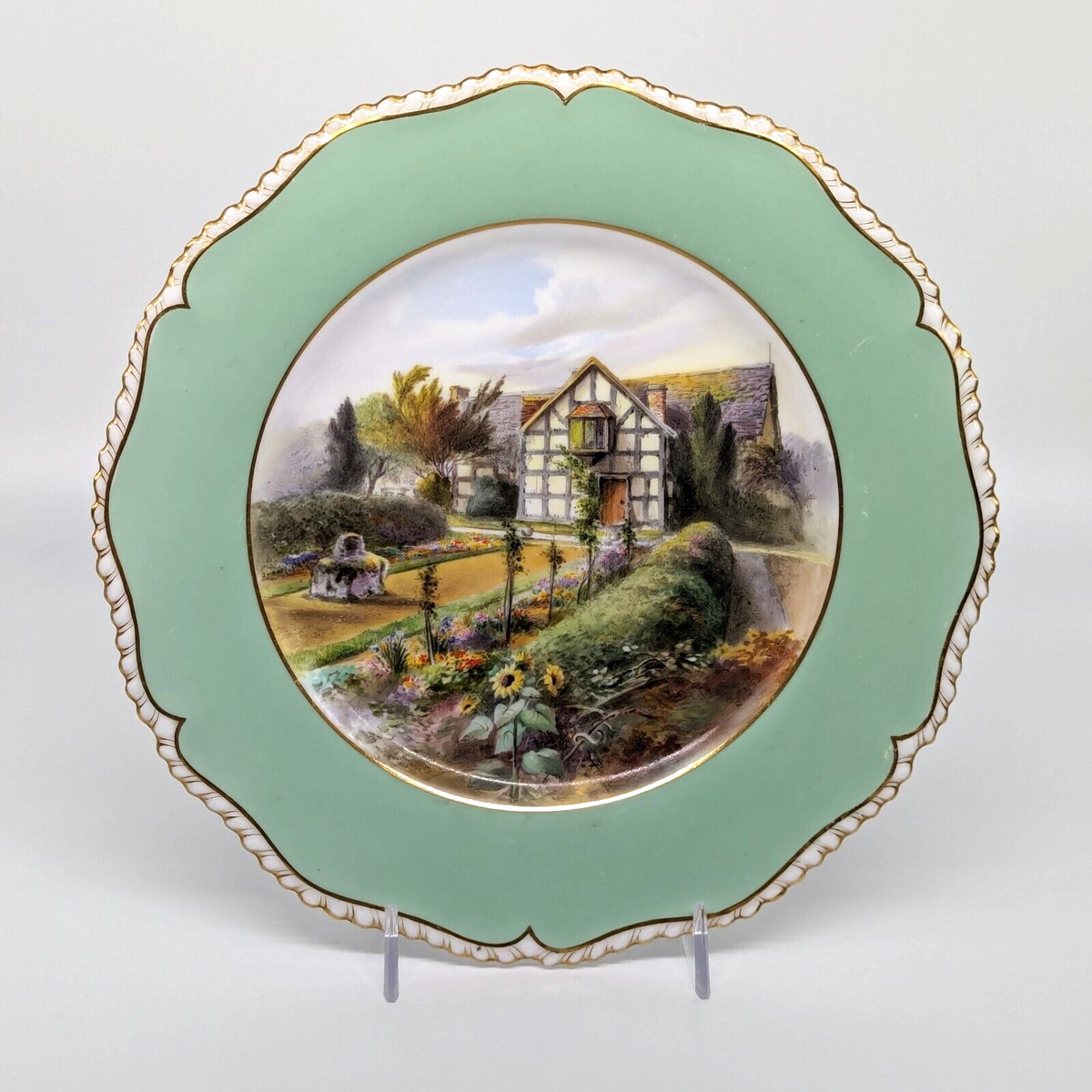 Royal Worcester Antique Plate Tudor Green Gold Gadroon Rope Hand 