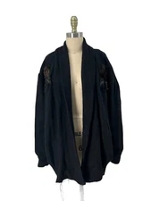 Vtg Black Angora Art to Wear Cardigan Sweater Coat Applique Feather Accents SZ M