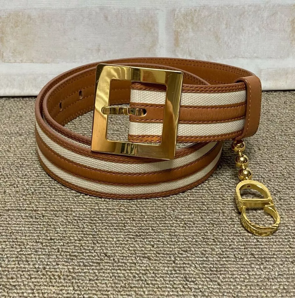Christian Dior Vintage CD Logo Charm Marron x Blanc Cuir x Toile Ceinture 202411Y