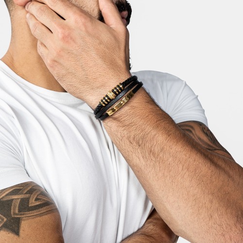SERASAR | Bracelet en cuir original pour homme [brillant] - Couleurs noir, argent et or - Photo 20/25