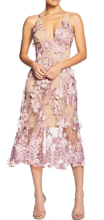 Dress the Population LILAC/NUDE Women's Audrey Embroidered Flare Dress, US Large