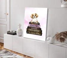 Fashion Books & Dog Watercolor Painting Stretched Canvas 40x50cm Print
