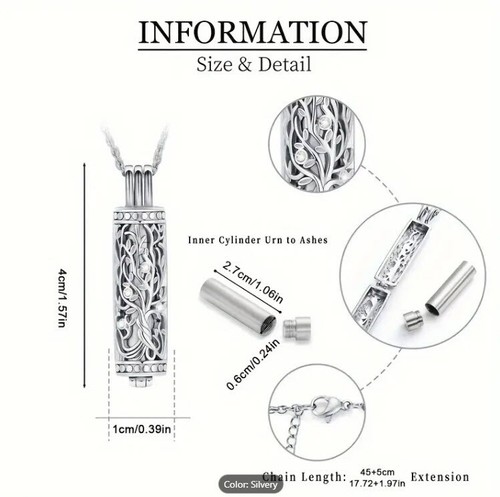 Tree of Life Cylinder Urn Pendant Necklace for Cremation Ashes Stainless Jewelry - Picture 4 of 17