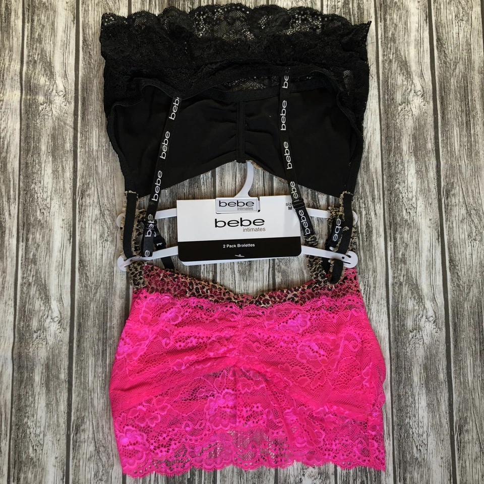 BEBE 2 Pack Black Pink Lace Bralette Women's Size Medium Leopard Print Sexy New - Image 3 of 4