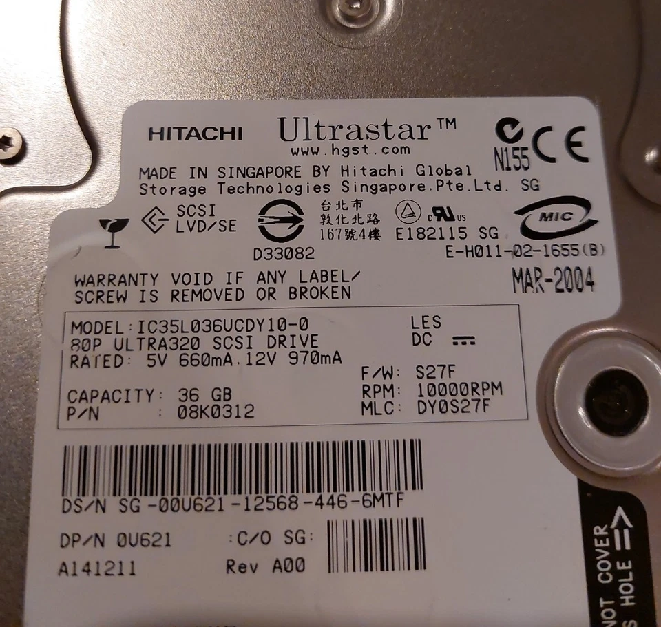 36GB Hitachi Ultrastar IC35L036UCDY10-0 08K0312 Ultra320 SCSI 80-pin SCA Drive - Image 2 of 4