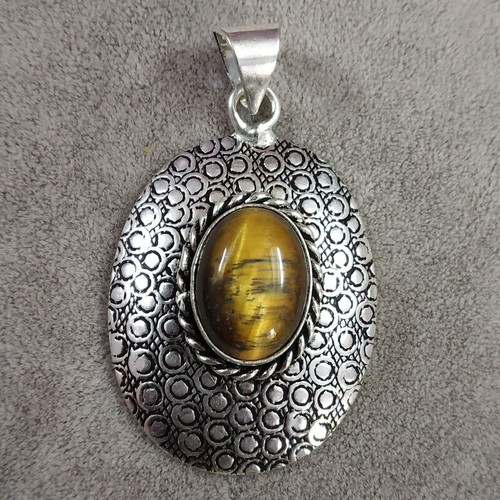Pendentif Vintage œil De Tigre Fait Main - Bijou Ancien En Laiton Argenté - Longueur 2.30 Pouces