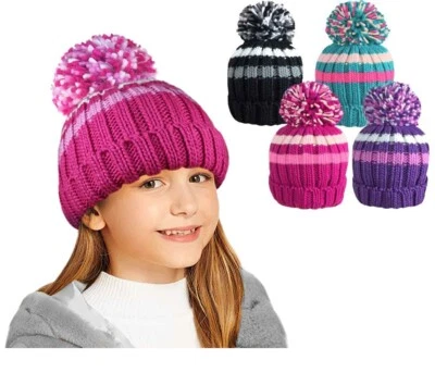 ROCKJOCK Kids Girls Insulated BOBBLE Thermal Pom Pom Hat Warm Fleece Lined Knitted Bright