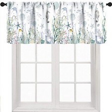 Nautical Beach Window Valance,Summer Coastal Seahorse Undersea Animal Green B...