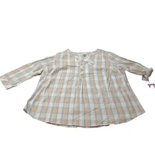 CJ Banks Plaid Roll-Tab Sleeve Button Down Top Blouse Pink Blue 14W NEW