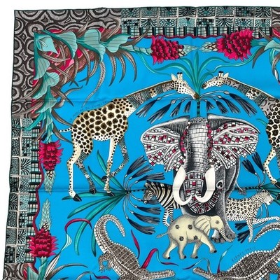Hermes Scarf Stole La Marche du Zambeze Blue Ardmore Artists Silk