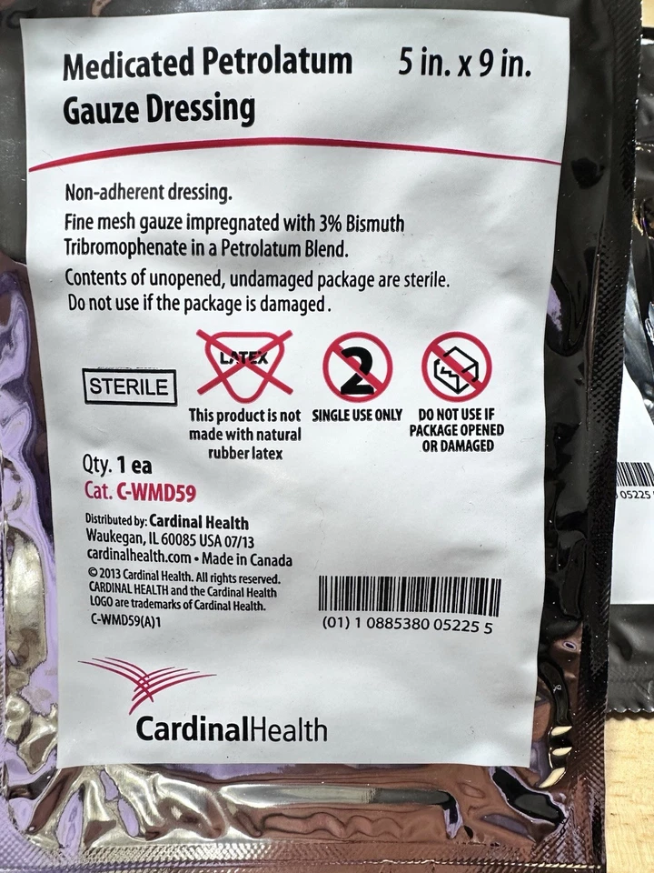 25 Apósitos No Adherentes Gasa Petrolato Medicada Cardinal H, 5" X 9" Caducados Foto 2 de 4