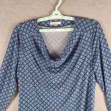 Liz Claiborne Shirt Womens XL Blue Black Geo Print Long Sleeve Cowl Neck Stretch