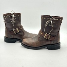 Harley Davidson Studded Brown Leather Moto Buckle Boots 6.5 Distressed Y2K Biker